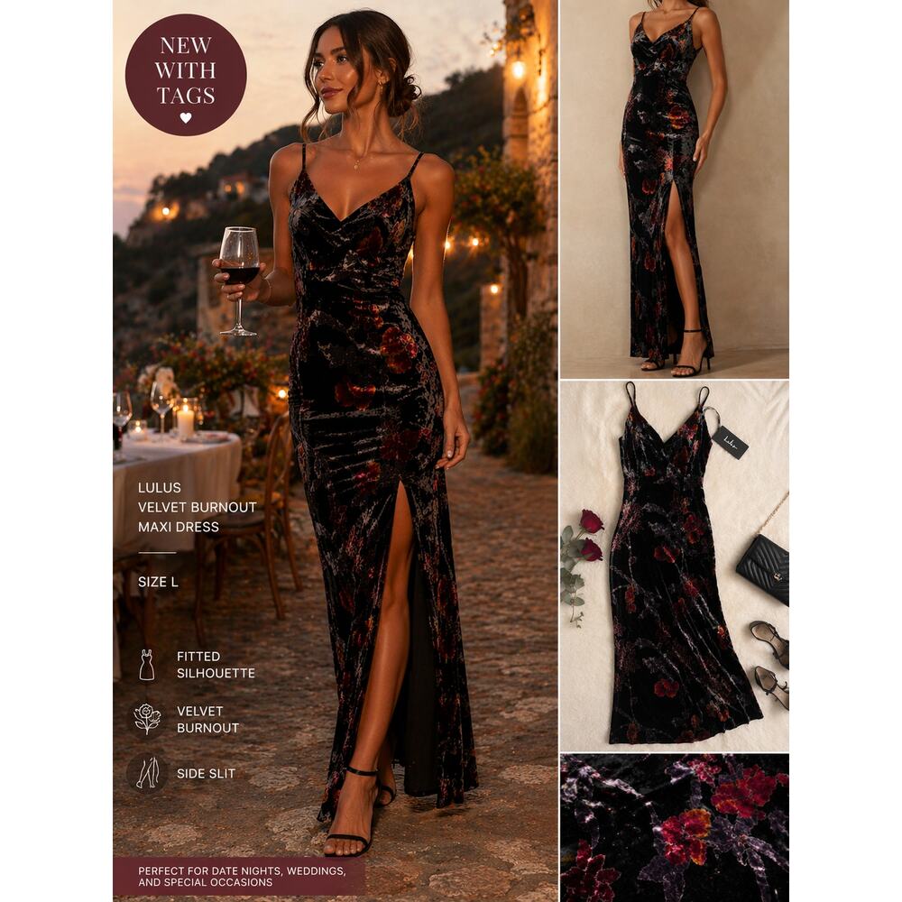 Lulus Velvet Burnout Floral Maxi Dress Womens Large Black Romantic Slip Wedding - Picture 2 of 10